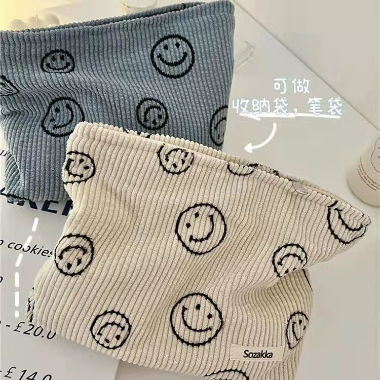 燈芯絨復古笑臉化妝包ins風日系少女可愛收納袋整理袋便攜洗漱袋