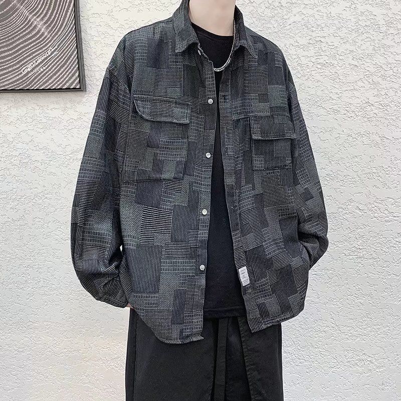 Spring and Autumn Denim Workwear Shirt Hong Kong Style Retro Casual Versatile Outerwear Plaid Shirt Loose Long-sleeved Jacket Men