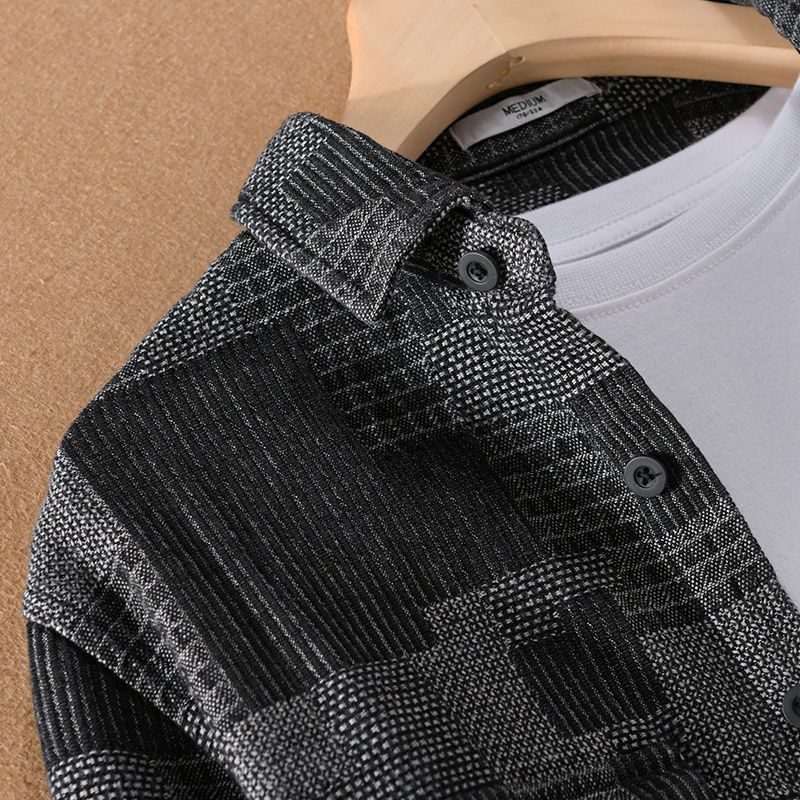 Spring and Autumn Denim Workwear Shirt Hong Kong Style Retro Casual Versatile Outerwear Plaid Shirt Loose Long-sleeved Jacket Men