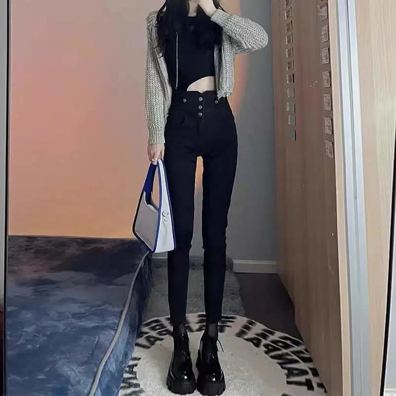 Super high waist elastic jeans women's 2022 autumn and winter new plus velvet large size fat mm slim black skinny pants