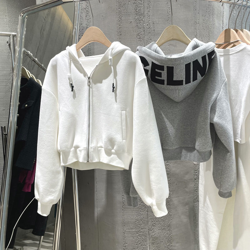 Sweater women's velvet thickened 2021 new Korean style loose printed cardigan short zipper hooded jacket trendy top