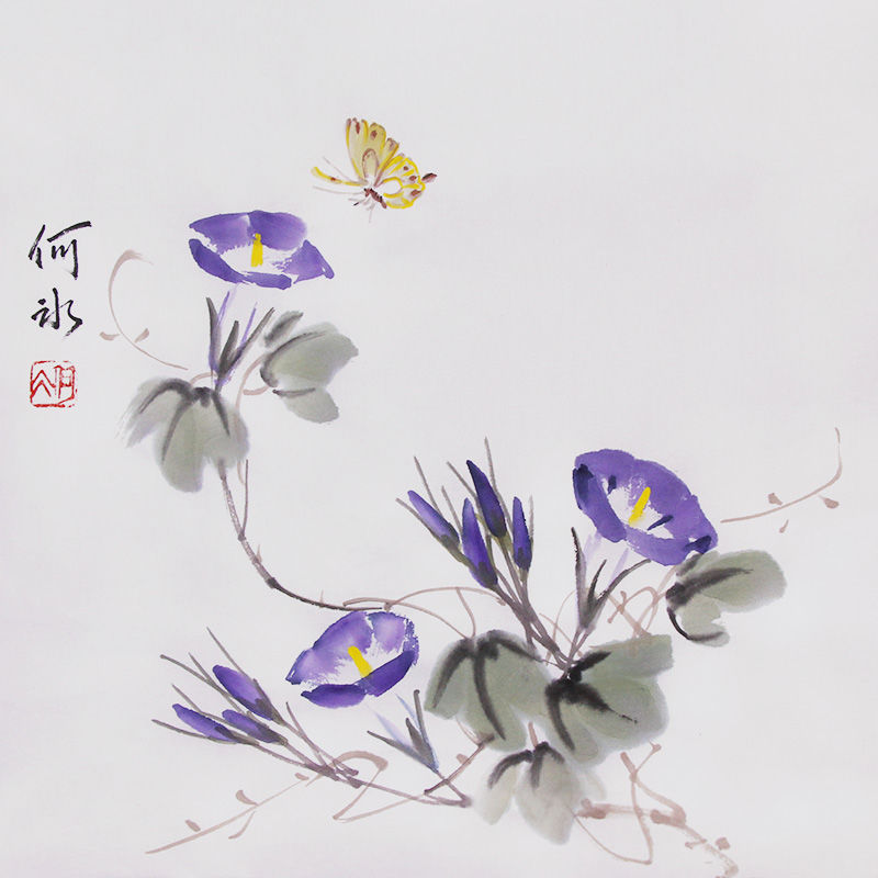 原创手绘精品国画牵牛花装饰画斗方挂画原稿真迹水墨画芯收藏字画