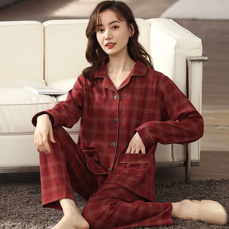 高檔純棉睡衣女長袖春秋季大碼開衫中年媽媽套裝中老年人家居服冬