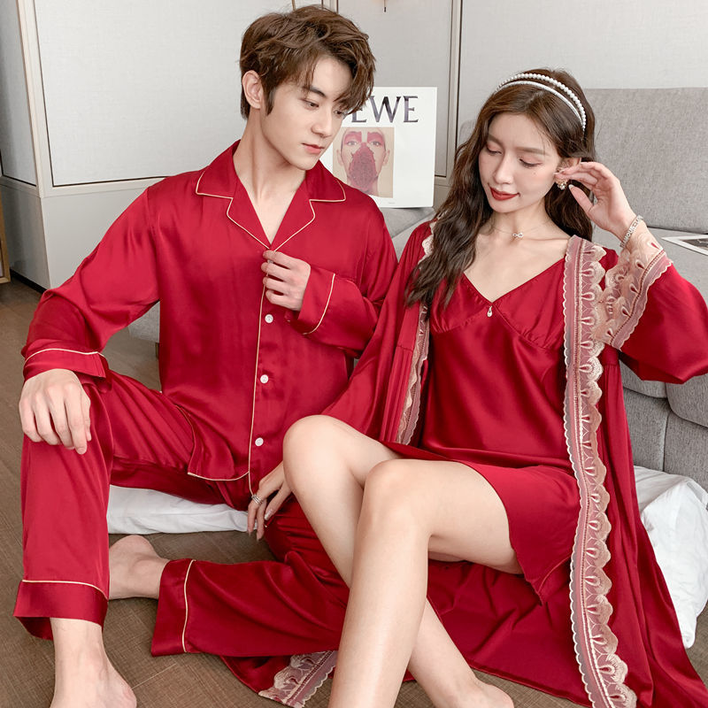 Couple pajamas women's ice silk wedding red natal year suspenders nightdress nightgown men's silk two-piece suit