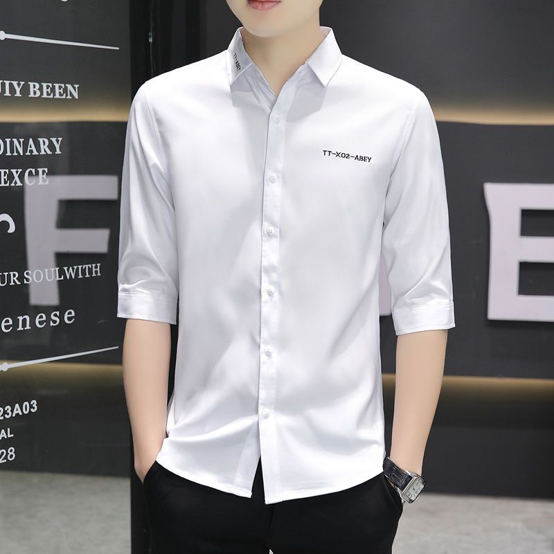 2023 Spring Five-quarter Sleeve Shirt Men's Korean Style Trendy Three-quarter Sleeve Shirt Men's Casual Inch Summer Dress Mid-Sleeve