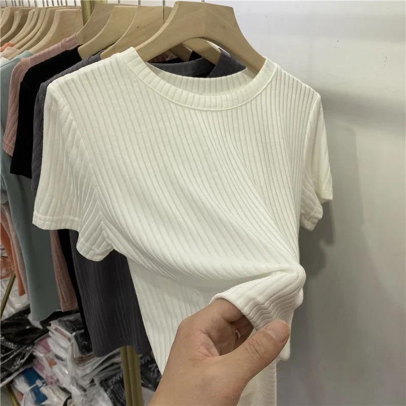 European texture pit strip round neck short-sleeved t-shirt top women's spring and summer new self-cultivation thread white bottoming shirt