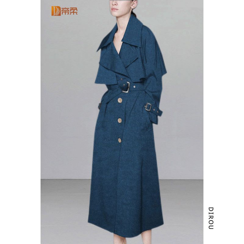时尚洋气品牌蓝色风衣女2022新款修身收腰气质过膝外套中长款大码