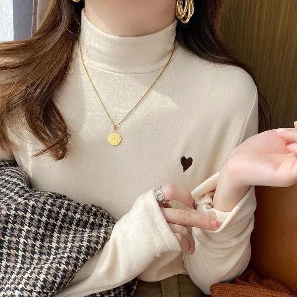德絨加絨保暖半高領上衣女秋冬新款修身百搭小愛心刺繡長袖打底衫