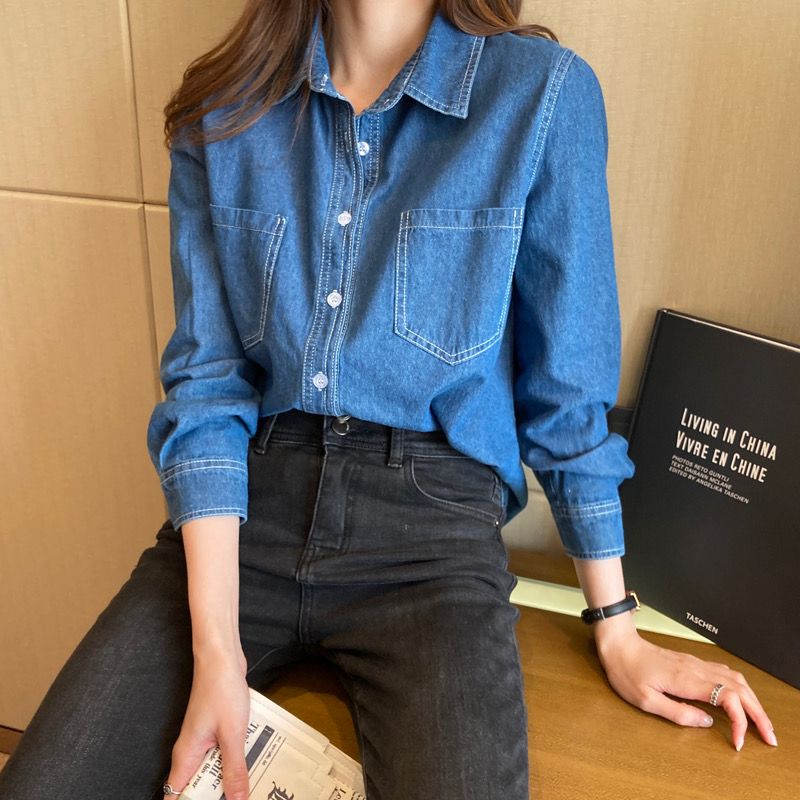Washed denim shirt women's  spring and autumn loose long-sleeved mid-length layered shirt design niche jacket