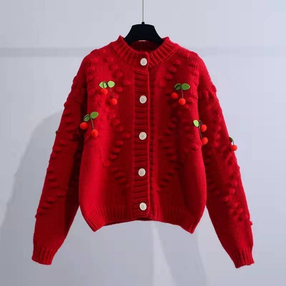 2022过年新款上衣大红色立体樱桃毛衣女外穿冬厚别致针织开衫外套
