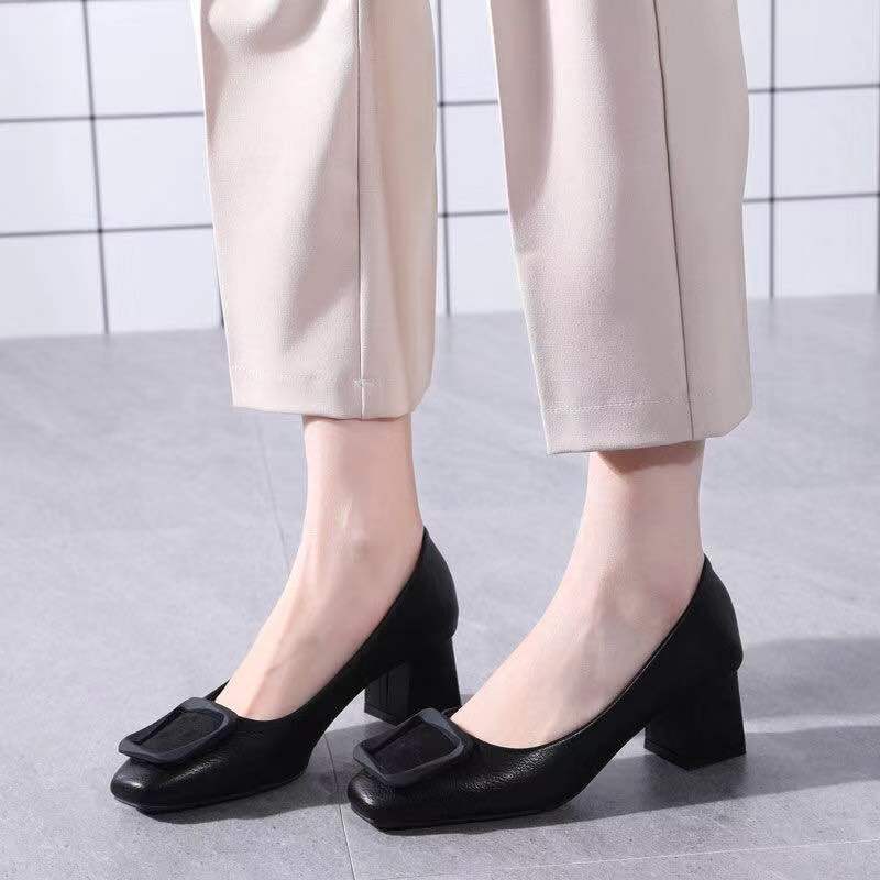 超爆款真皮單鞋女2023年春秋新款方頭粗跟百搭工作鞋中跟休閒女鞋