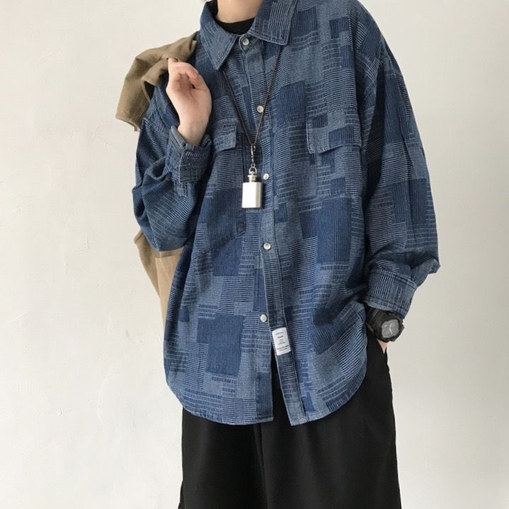 Spring and autumn retro ethnic style woven long-sleeved shirt boys trendy loose denim jacket Japanese casual shirt
