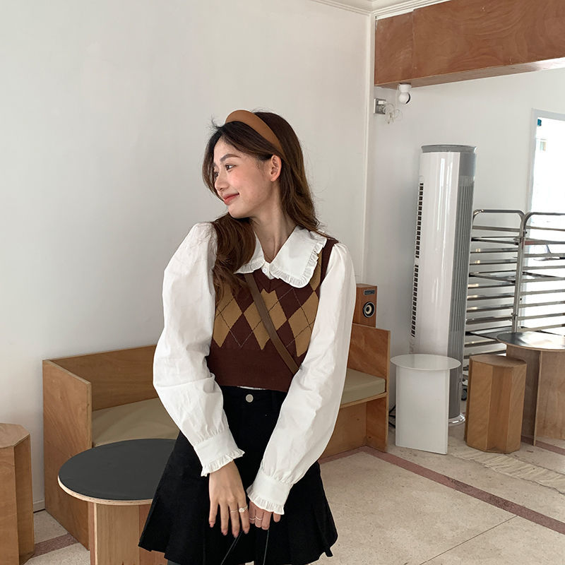 College style rhombus vest women's spring new slim-fit short V-neck top layered with knitted vest tide