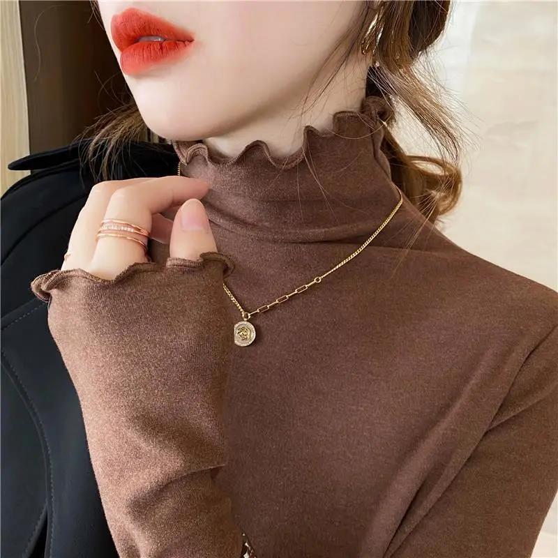 Fungus-edged double-sided German velvet plus velvet thickened bottoming shirt for women in autumn and winter half turtleneck top long-sleeved slim fit inner T-shirt