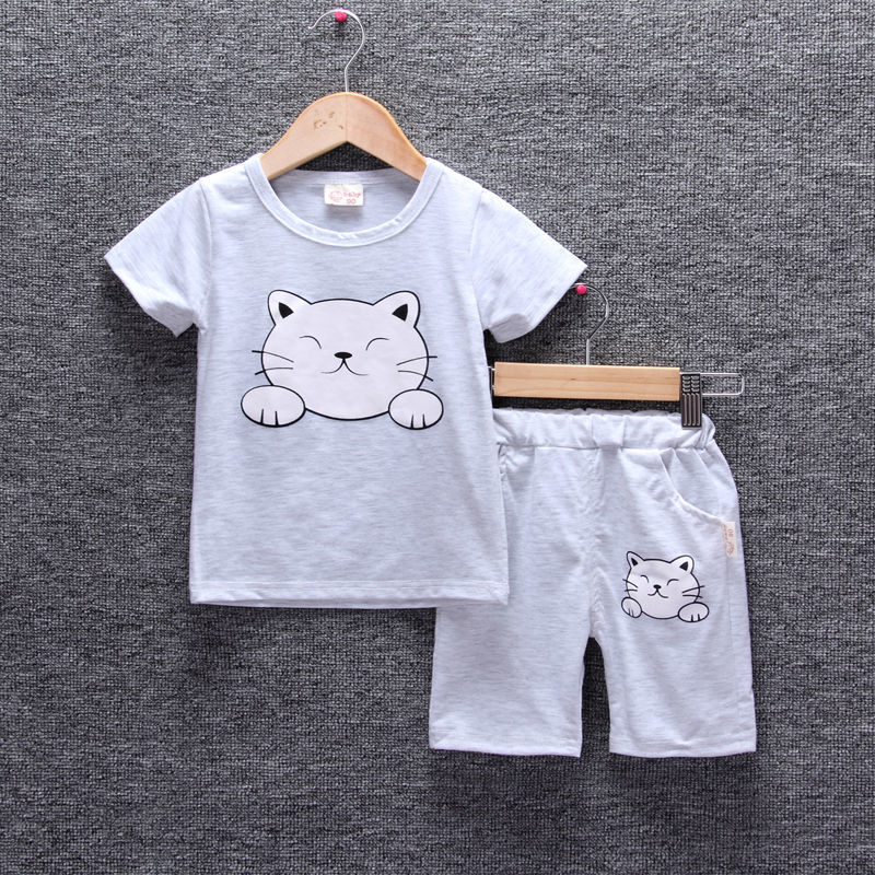 Children's clothing boy baby summer short-sleeved suit  new girls' imitation jeans baby children's two-piece set