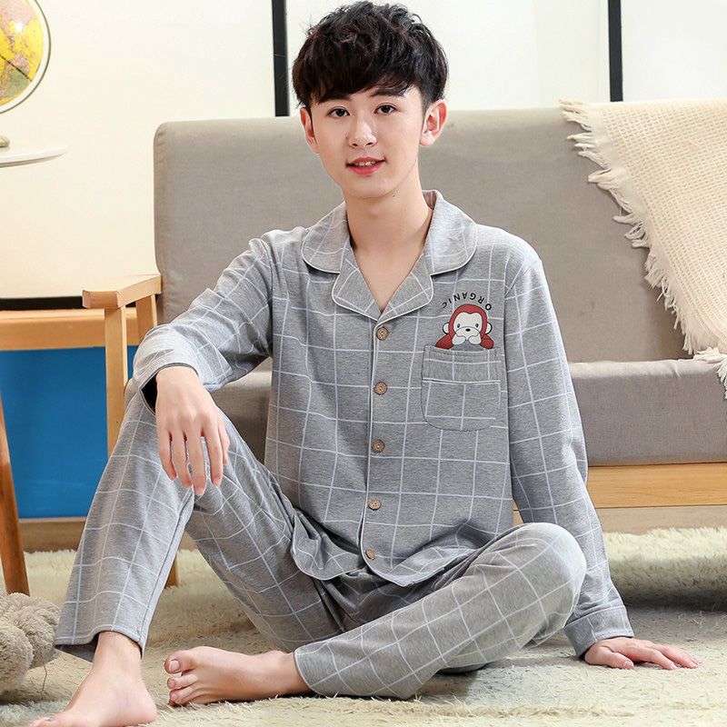 100%纯棉睡衣男纯棉长袖春秋青少年高中学生加大码家居服套装外穿
