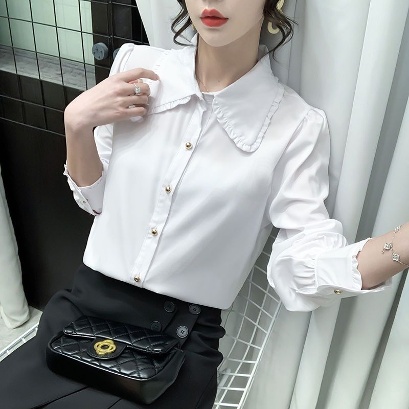 雪紡襯衫女長袖新款2022春秋款娃娃領設計感小眾洋氣遮肚上衣小衫