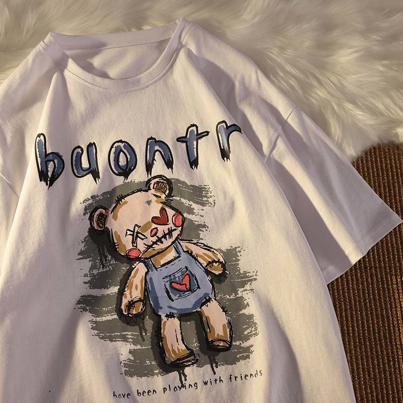 100% cotton American retro cartoon bear print male and female couple loose short-sleeved T-shirt ins half-sleeved T-shirt