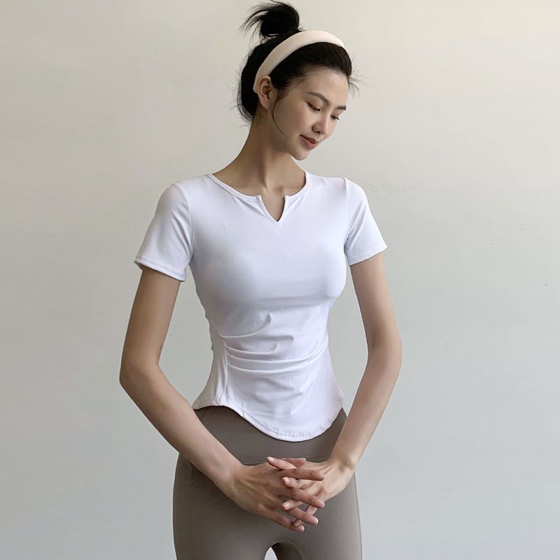 伊都奈卡弹力运动短袖女v领紧身t恤跑步训练健身上衣薄款瑜伽服夏