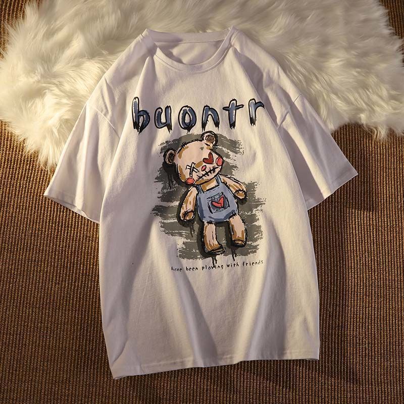 100% cotton American retro cartoon bear print male and female couple loose short-sleeved T-shirt ins half-sleeved T-shirt