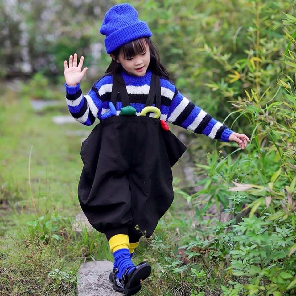 Boys and girls hit color overalls baby foreign style black suspenders children's cotton autumn and winter Korean version profile pants