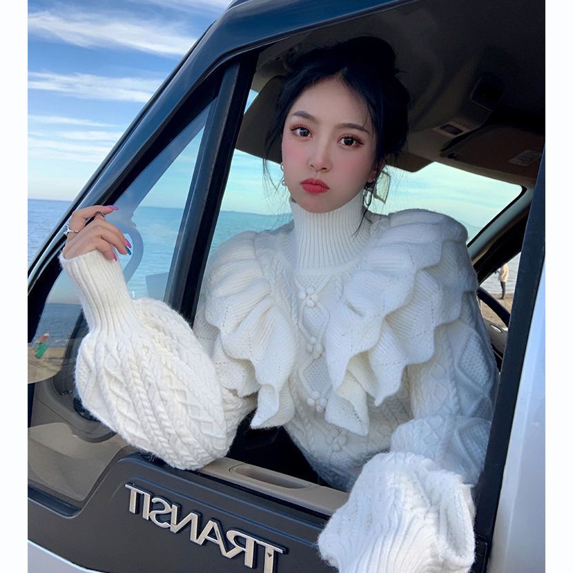 Spring gentle wear women's 2023 new Korean French twist sweater sweet and versatile high-necked knitted top