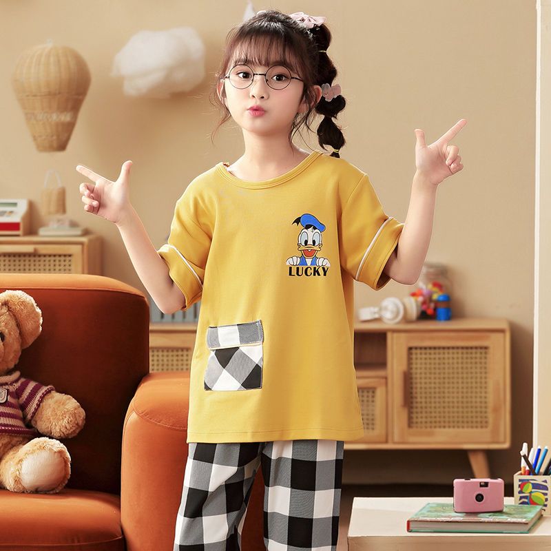 Children's pajamas girls summer cotton short-sleeved trousers girls thin section baby middle and big children's home clothes suit summer