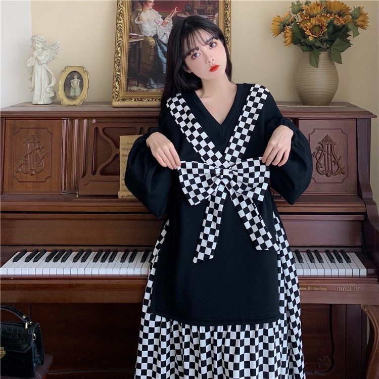 Fat MM Extra Large Size 300 Jin Pregnant Women Long Dress Spring and Autumn Loose Tibetan Meat Show Thin Checkerboard Bowknot Dress