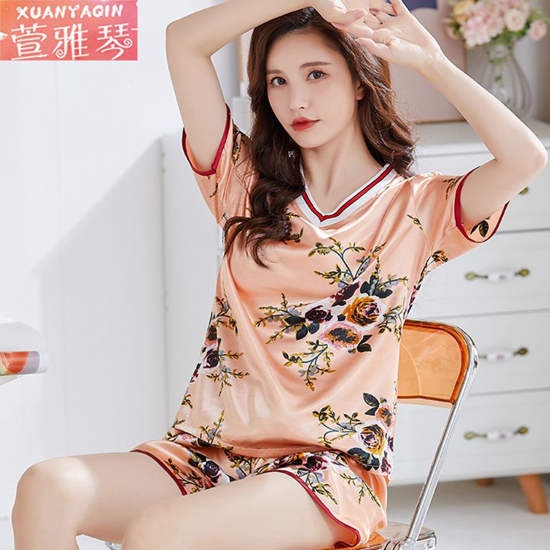 Ice silk summer pajamas women's sweet plus size women's print 2022 V-neck short-sleeved home service suit for outerwear