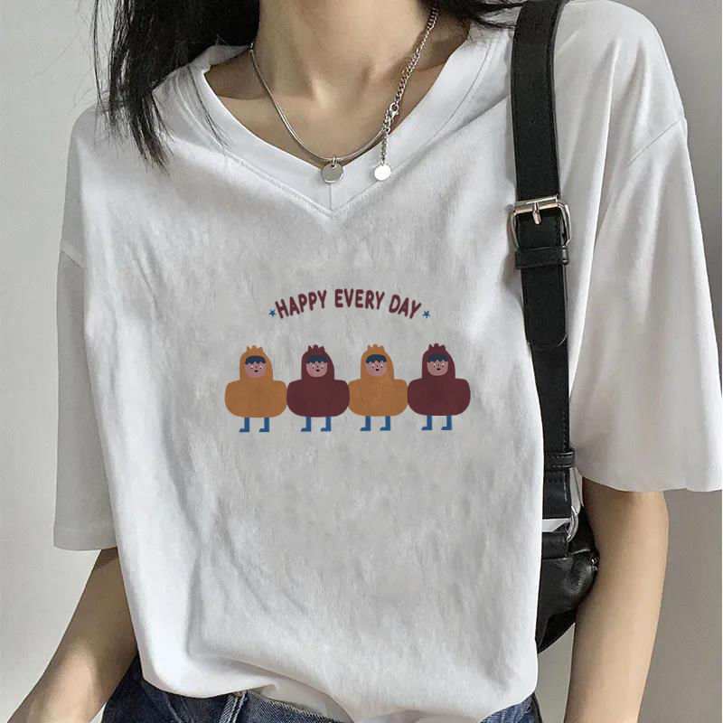 春夏季新款純棉印花t恤上衣女V領短袖韓版上檔寬鬆體恤百搭潮ins