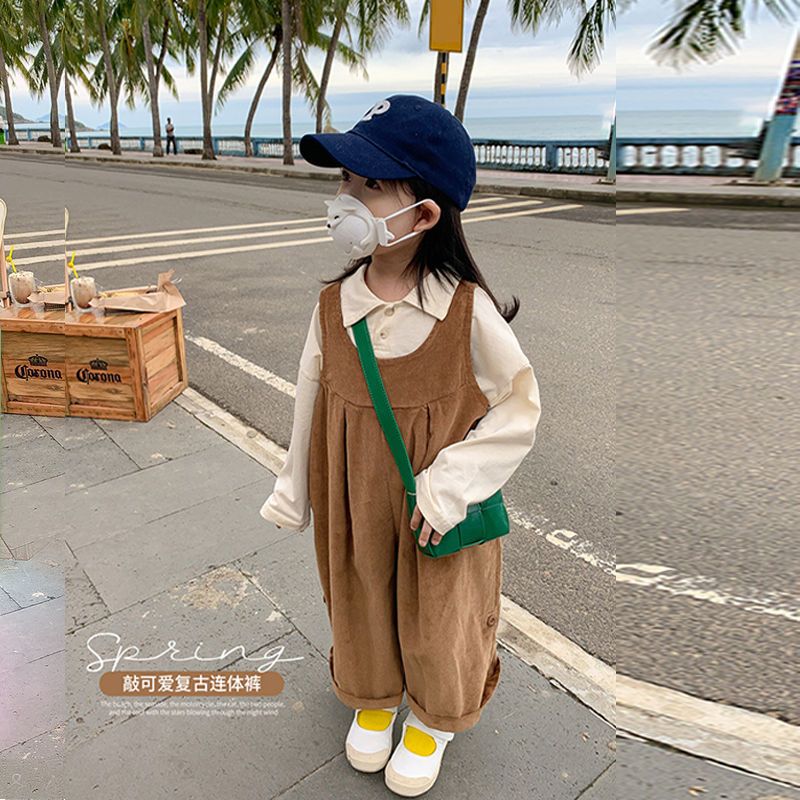 女童2023春裝新款兒童韓版翻領襯衫中小童洋氣背帶褲寶寶休閒套裝