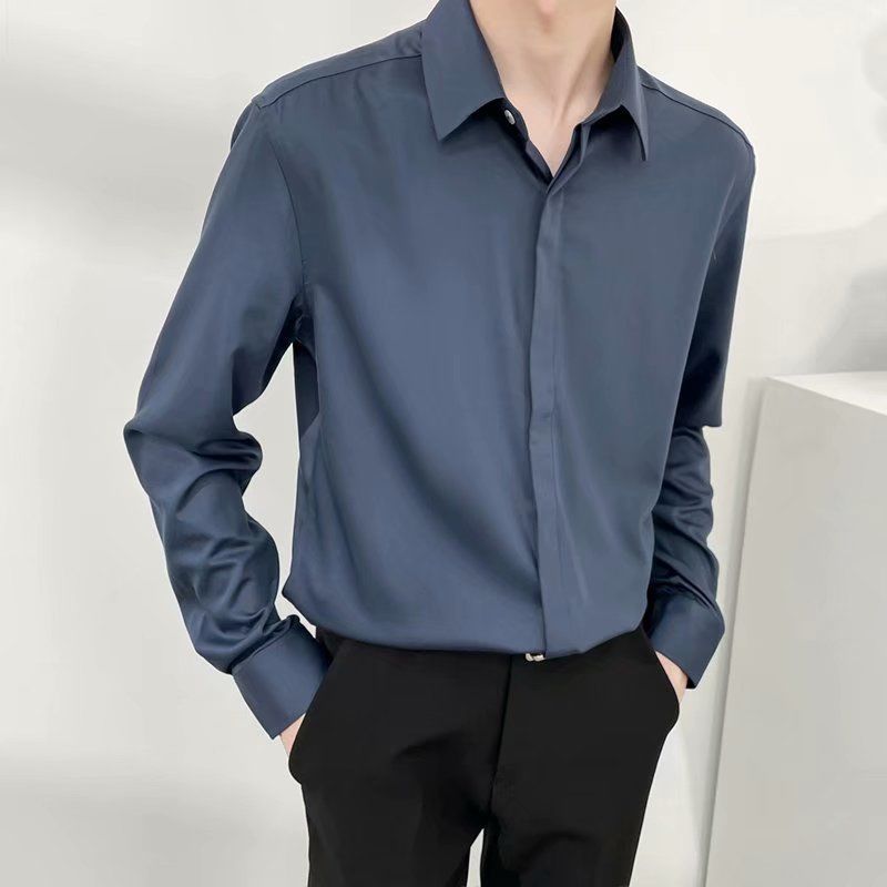 Long-sleeved shirt men's Korean style drape free-ironing advanced ice silk handsome shirt trendy loose casual solid color top