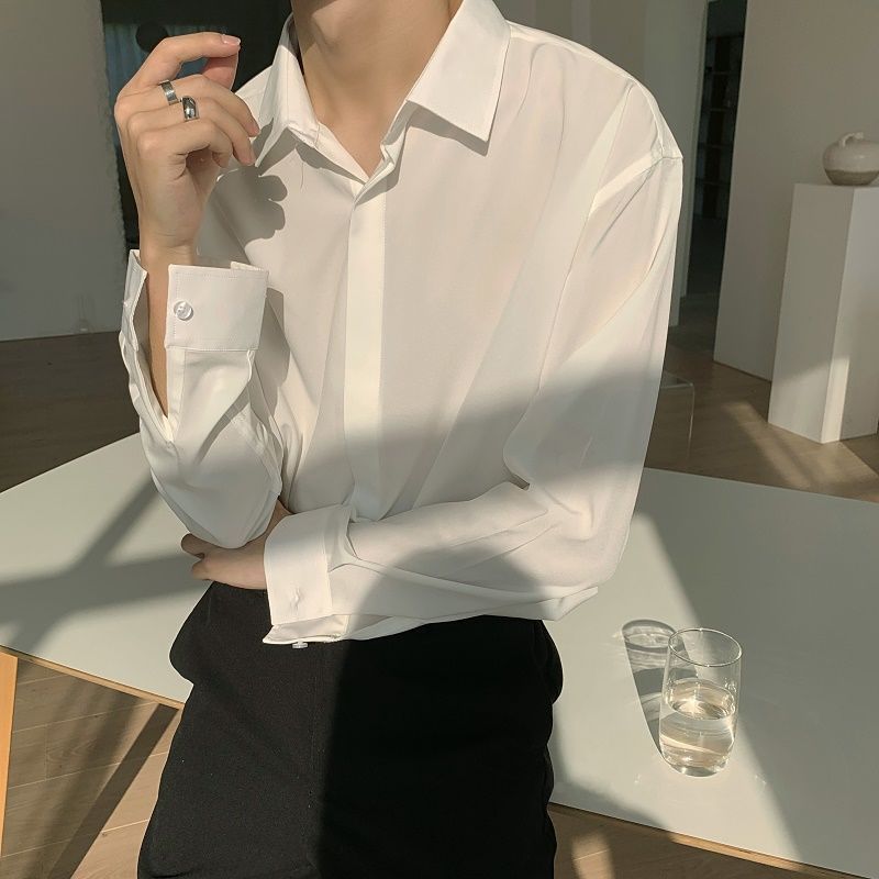 Long-sleeved shirt men's Korean style drape free-ironing advanced ice silk handsome shirt trendy loose casual solid color top