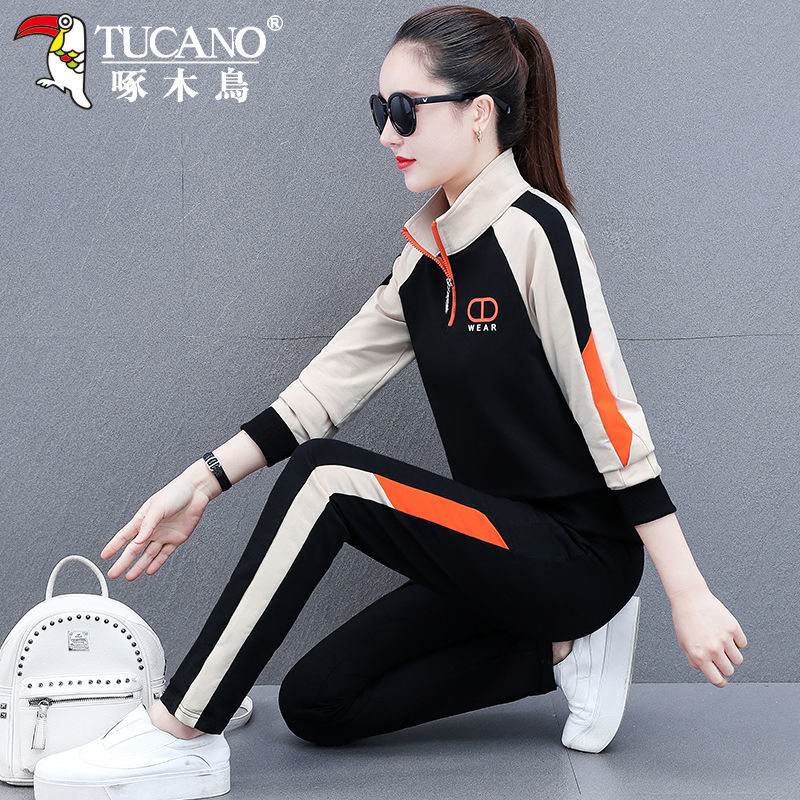 Woodpecker pure cotton sportswear suit female spring and autumn  new spring loose sweater fashion casual two-piece set
