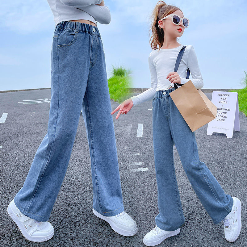 女童褲子2023春秋款兒童學生牛仔褲寬鬆直筒女孩高腰闊腿褲中大童