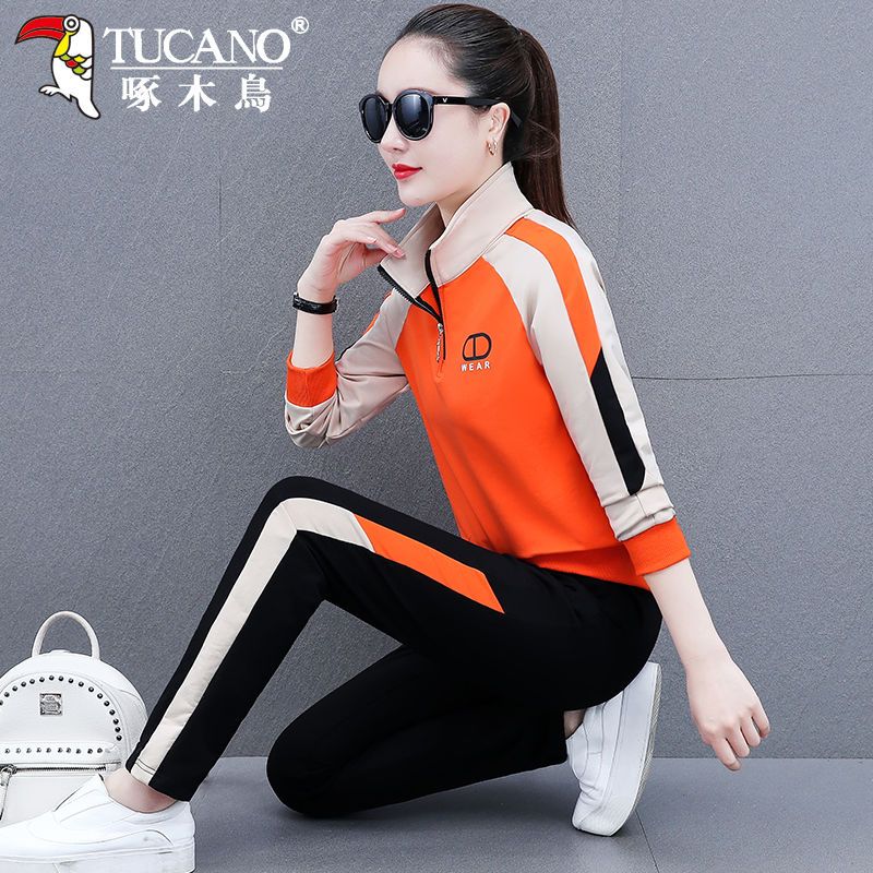 Woodpecker pure cotton sportswear suit female spring and autumn  new spring loose sweater fashion casual two-piece set