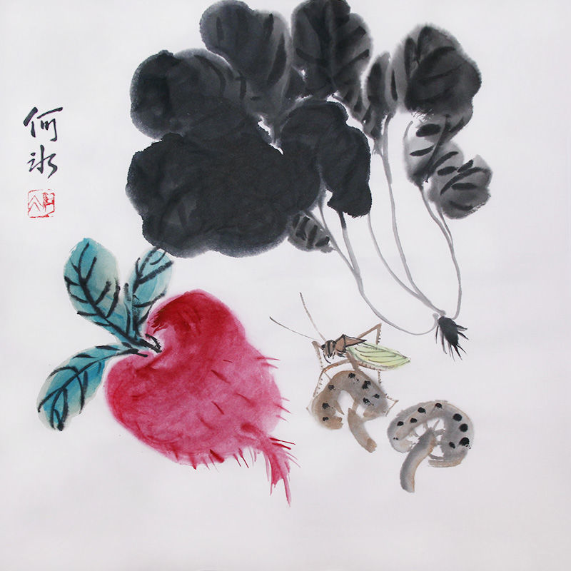 手绘国画白菜水萝卜书画作品斗方挂画无框装饰画宣纸原稿字画真迹