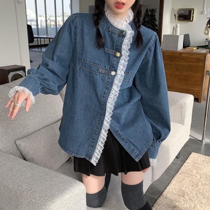 設計感氣質洋氣蕾絲花邊牛仔襯衫女寬鬆春秋大碼胖mm外套上衣襯衣