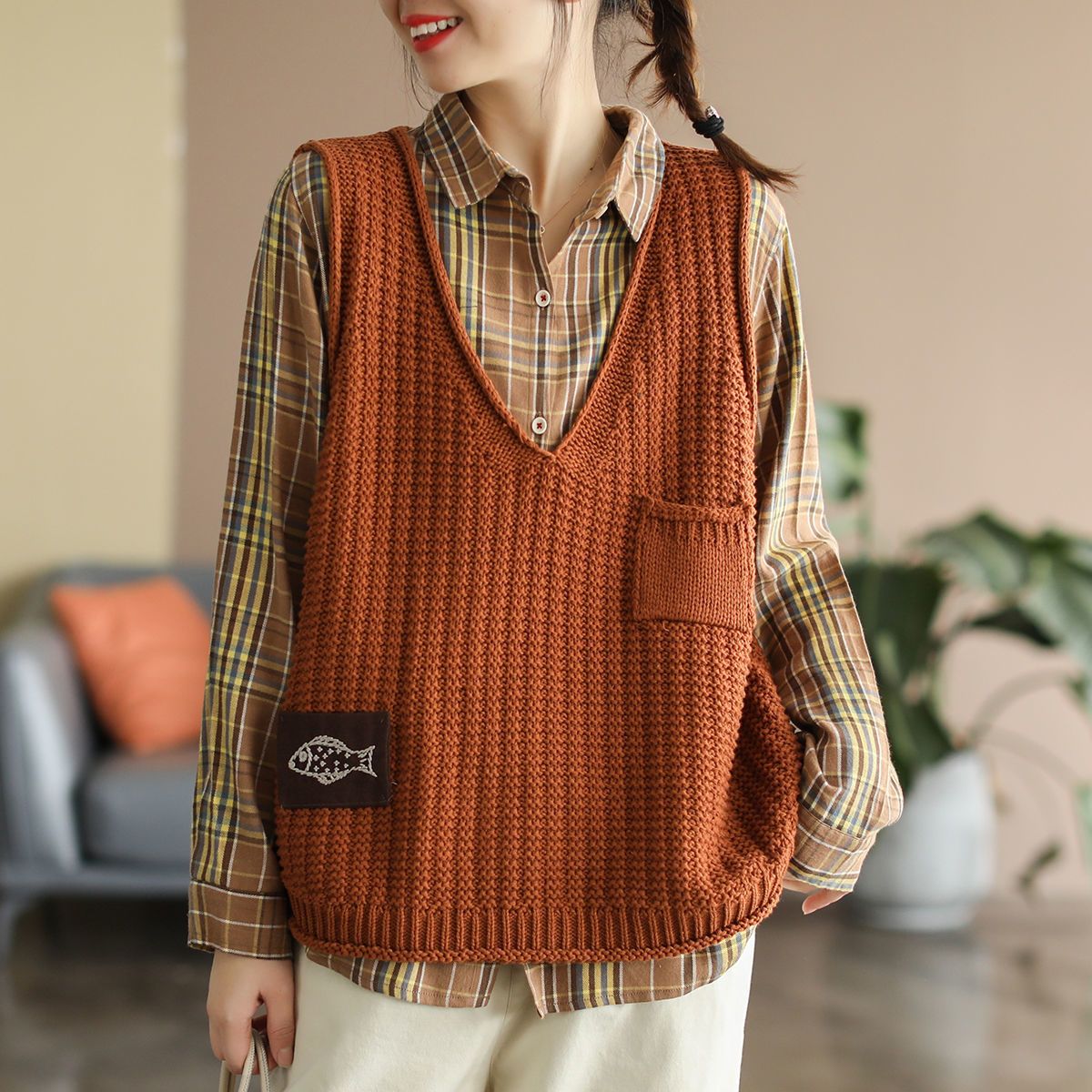 Cotton vest vest women's knitted 2023 autumn new all-match outerwear V-neck loose vest