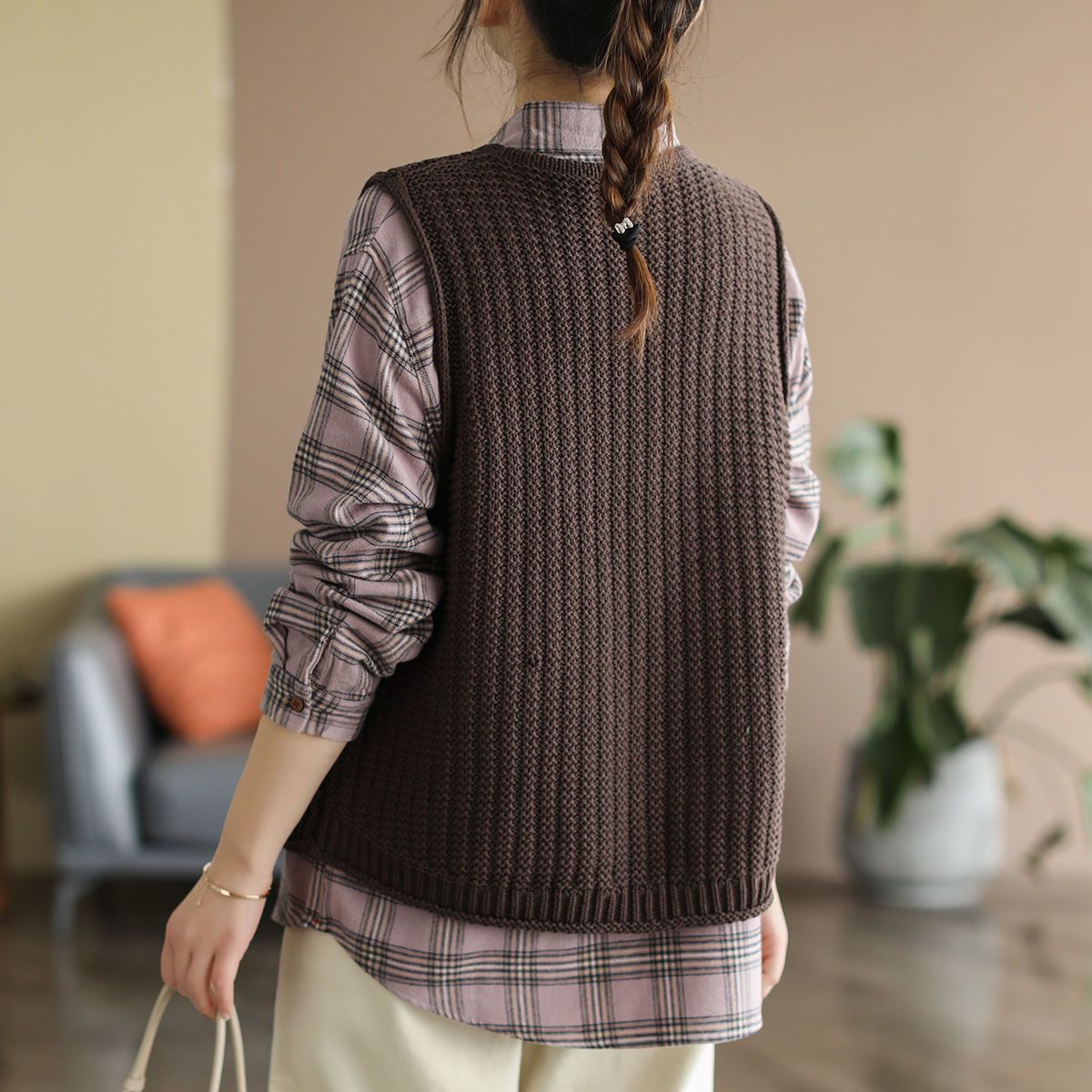 Cotton vest vest women's knitted 2023 autumn new all-match outerwear V-neck loose vest