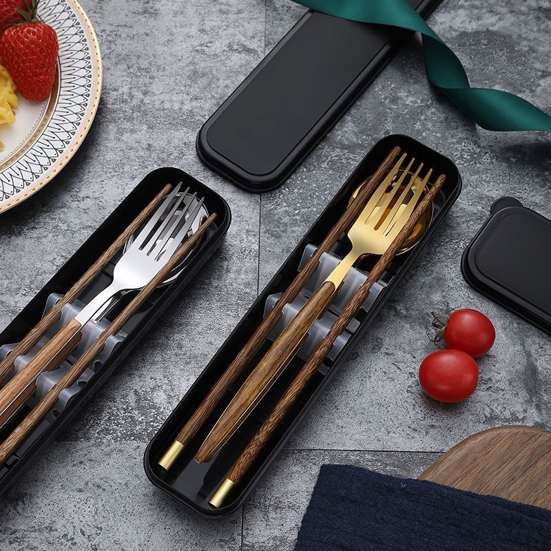 不锈钢便携筷子勺子叉子套装一人食餐具三件套单人学生简约收纳盒