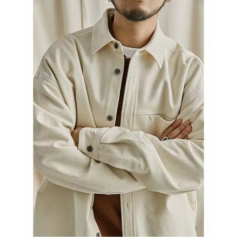 Japanese simple solid color tooling shirt men's autumn large size loose casual jacket thick twill pure cotton long-sleeved shirt