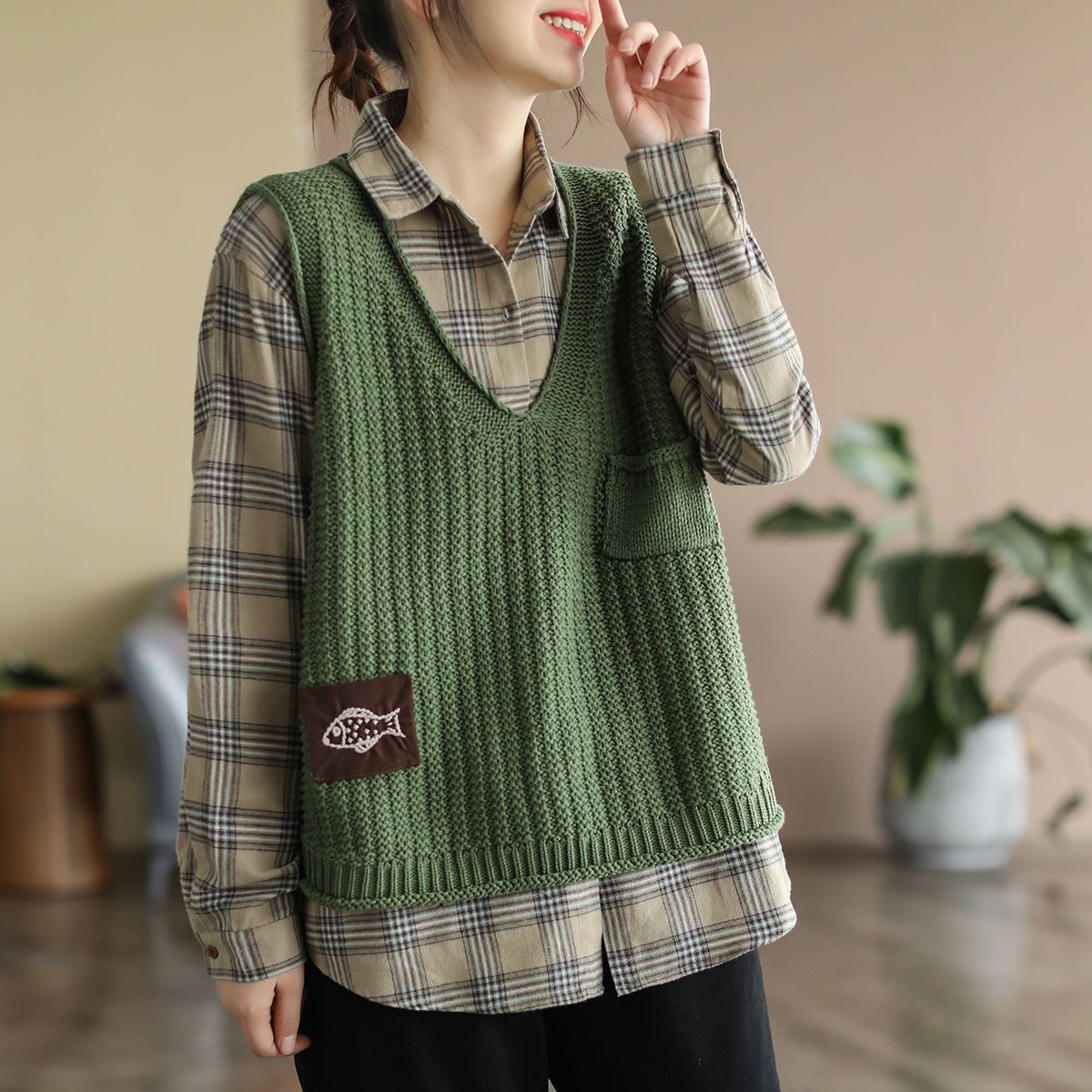 Cotton vest vest women's knitted  autumn new all-match outerwear V-neck loose vest