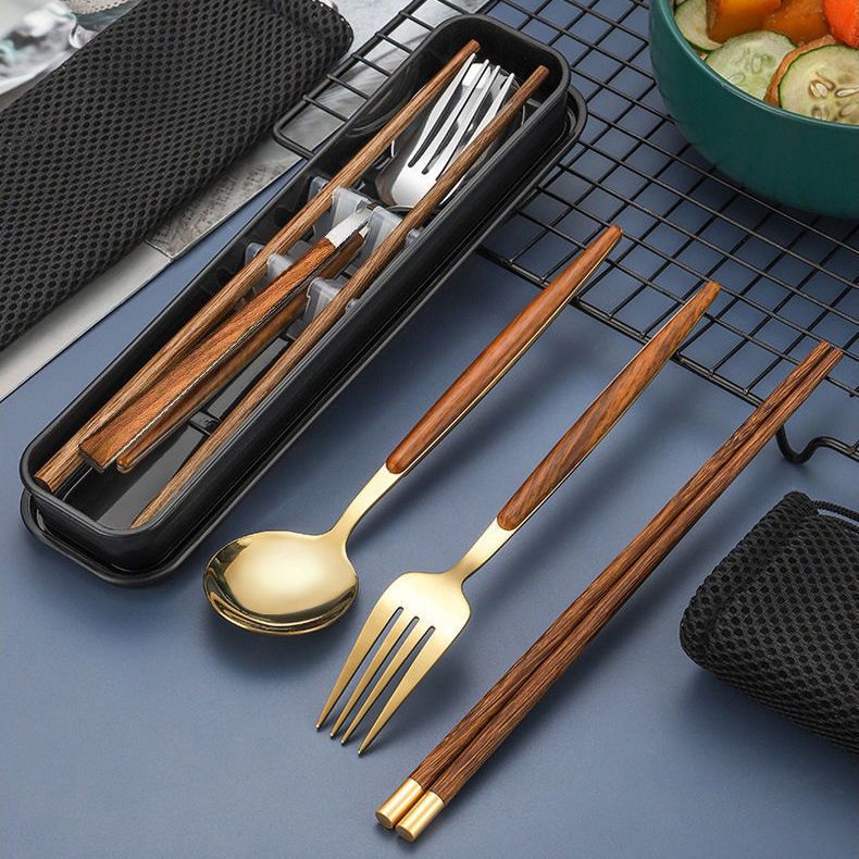 筷子勺子套装一人一筷便携餐具学生收纳盒叉子单人木质筷子三件套