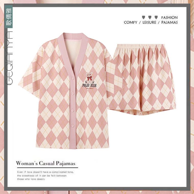 歌倩雅日式和服睡衣女夏季純棉短袖短褲開衫格子家居服女薄款套裝