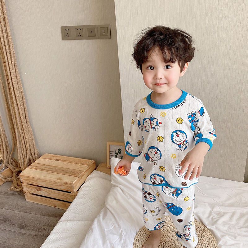 Children's air conditioning suit cotton men's and women's children's thin pajamas summer baby breathing cotton cartoon seven point sleeve thin