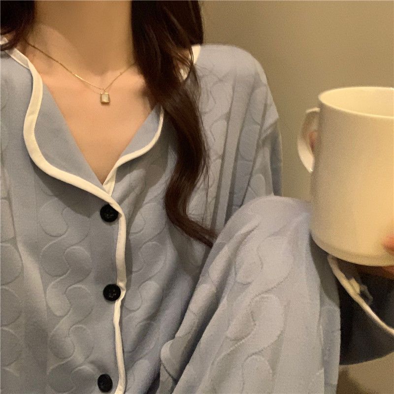 韓國ins風高顏值睡衣女春秋季新款翻領長袖少女可出門家居服套裝