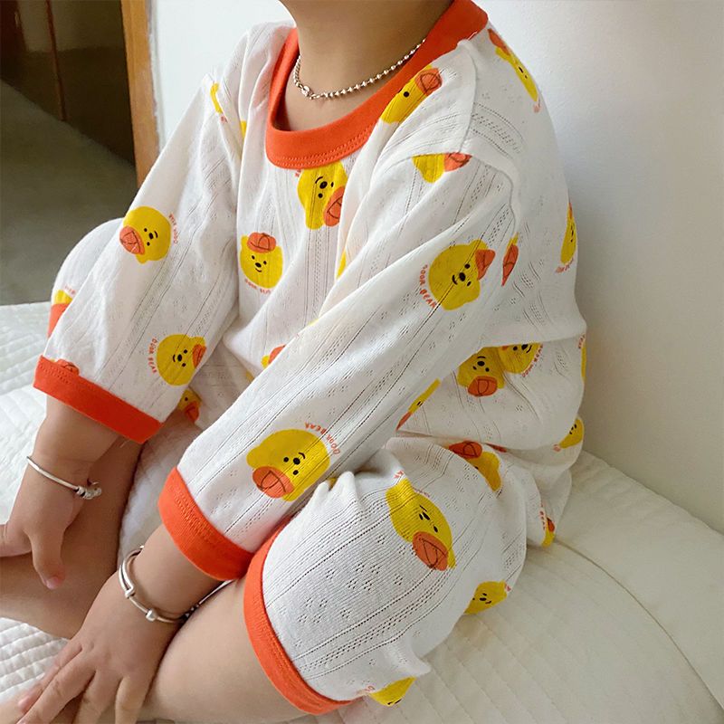 Children's air conditioning suit cotton men's and women's children's thin pajamas summer baby breathing cotton cartoon seven point sleeve thin