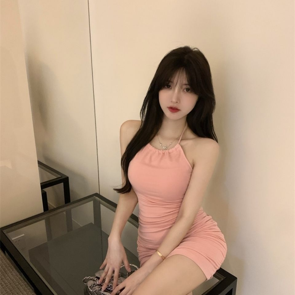 純欲風掛脖連衣裙女裝粉色辣妹性感收腰裙子春季包臀內搭打底短裙