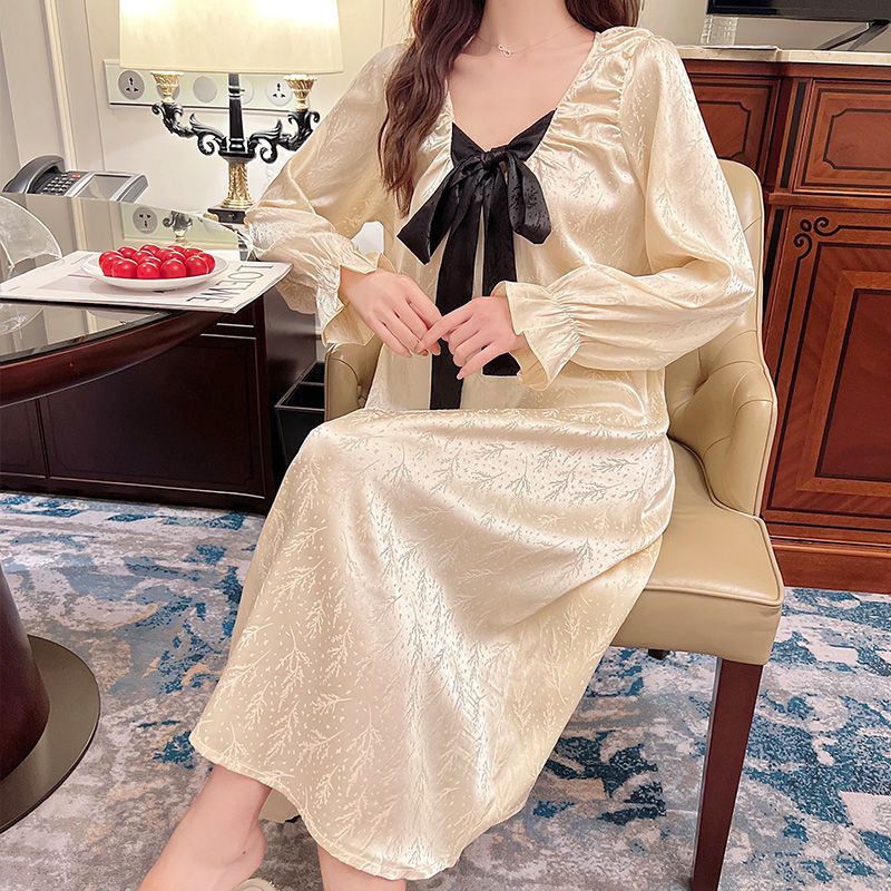 French princess style pajamas women's spring and summer 2021 new ice silk satin nightdress lace high-quality long section